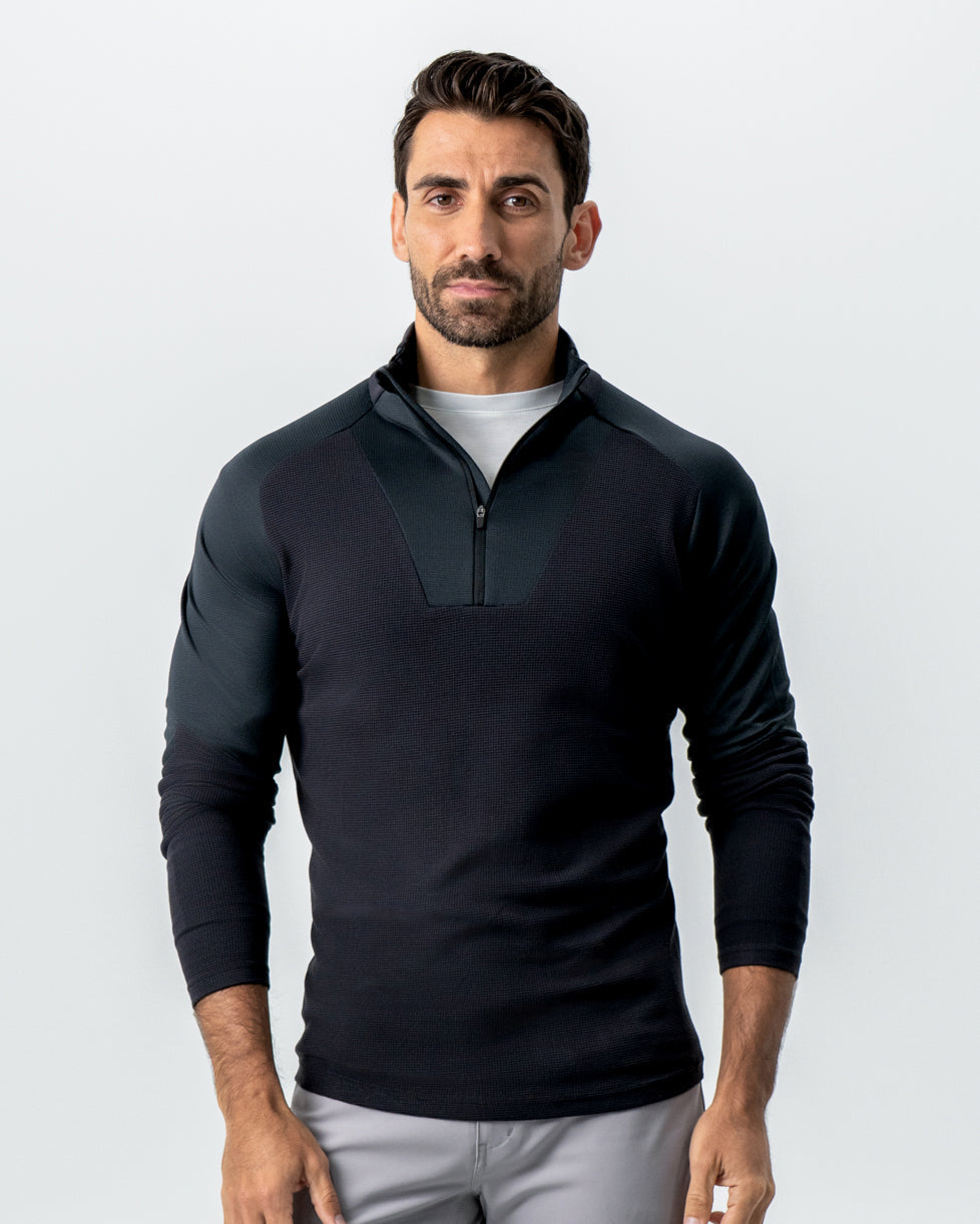 Waffle Knit Quarter Zip - Solid Black | State & Liberty Tops