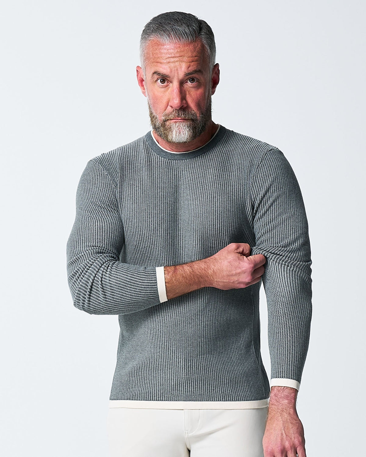 Lightweight Ribbed Knit Crewneck Sweater - Dark Grey & Beige | State & Liberty Tops