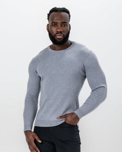 Mid-Weight Ribbed Knit Crewneck Sweater - Light Grey | State & Liberty Tops