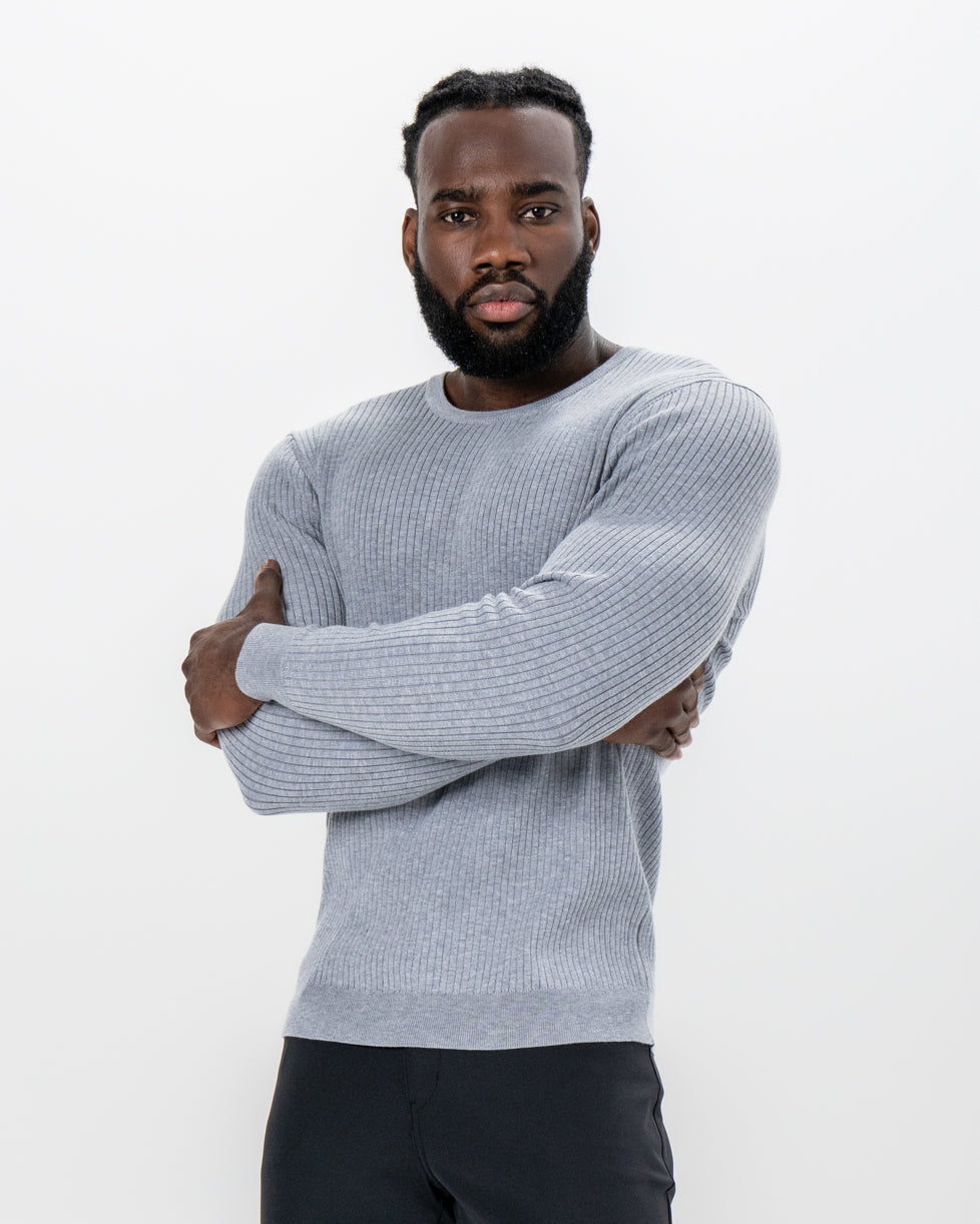 Mid-Weight Ribbed Knit Crewneck Sweater - Light Grey | State & Liberty Tops