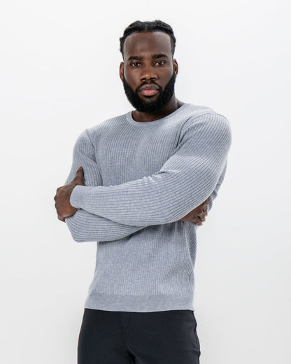 Mid-Weight Ribbed Knit Crewneck Sweater - Light Grey | State & Liberty Tops