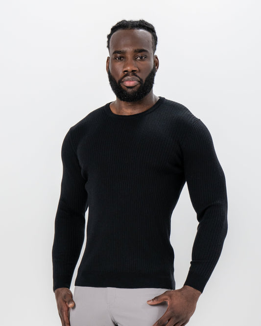 Mid-Weight Ribbed Knit Crewneck Sweater - Black | State & Liberty Tops