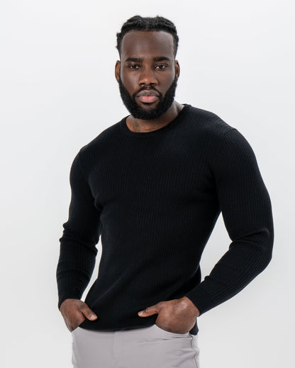 Mid-Weight Ribbed Knit Crewneck Sweater - Black | State & Liberty Tops