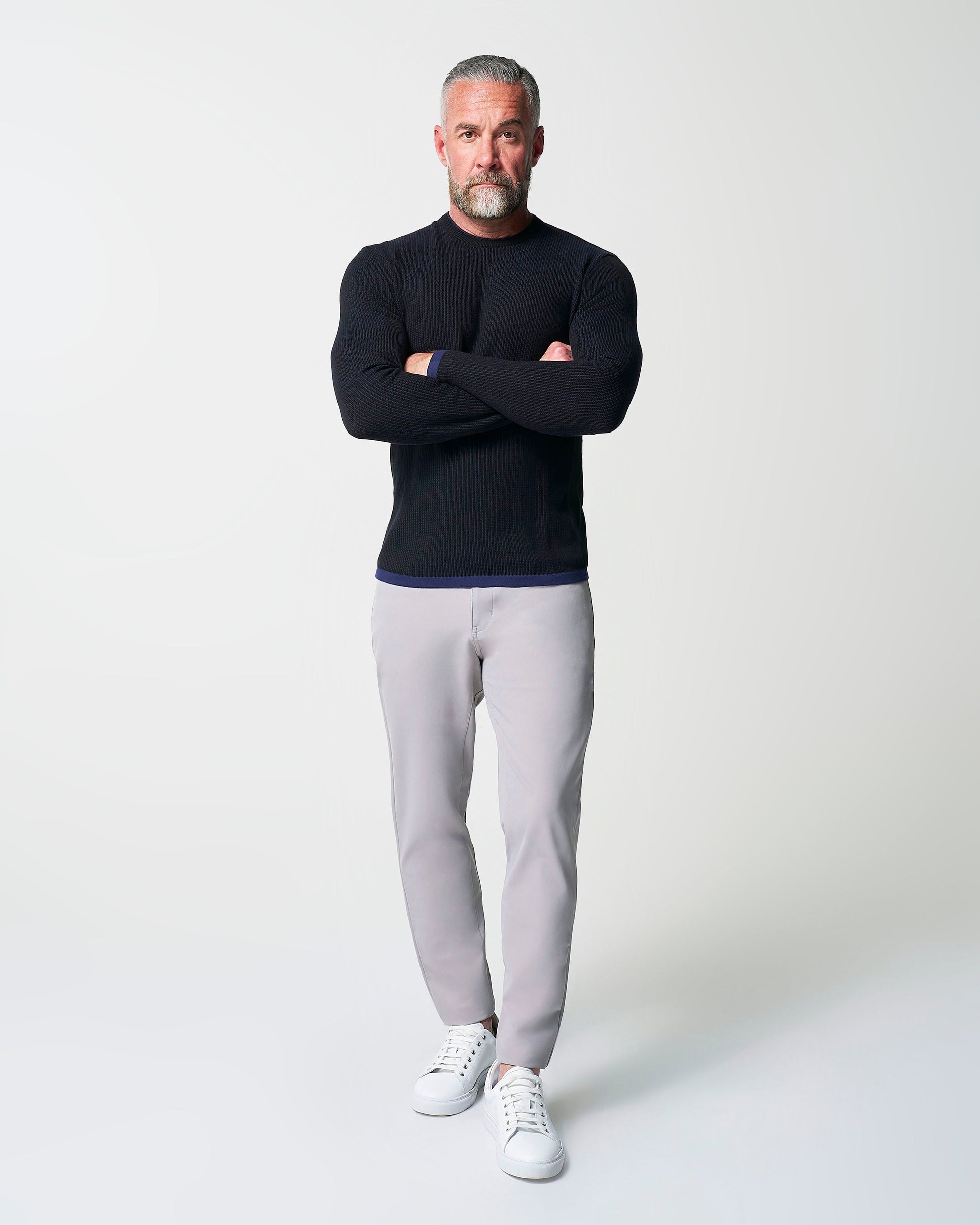 Lightweight Ribbed Knit Crewneck Sweater - Navy & Black | State & Liberty Tops