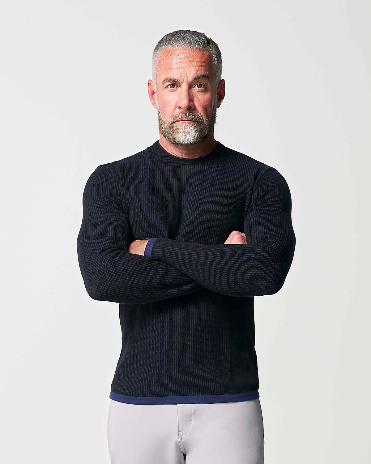 Lightweight Ribbed Knit Crewneck Sweater - Navy & Black | State & Liberty Tops