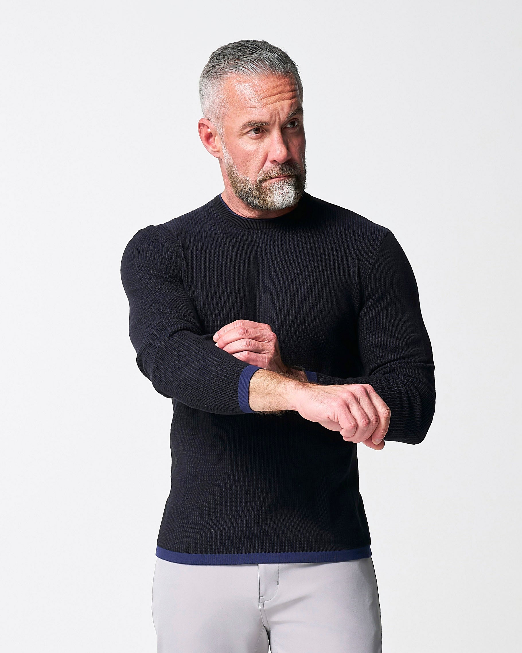 Lightweight Ribbed Knit Crewneck Sweater - Navy & Black | State & Liberty Tops