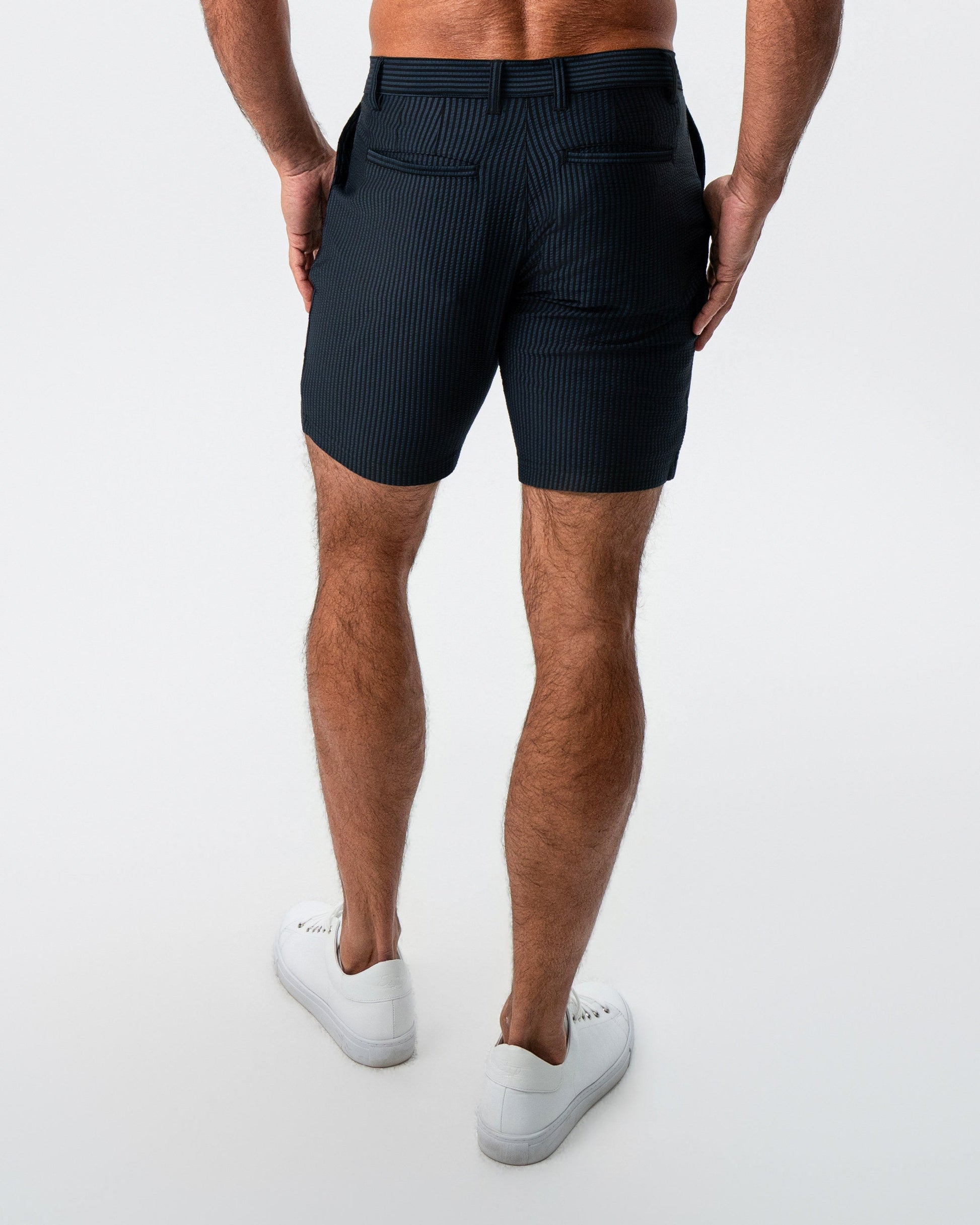 Athletic Fit Shorts - Navy & Black Seersucker | State & Liberty Bottoms