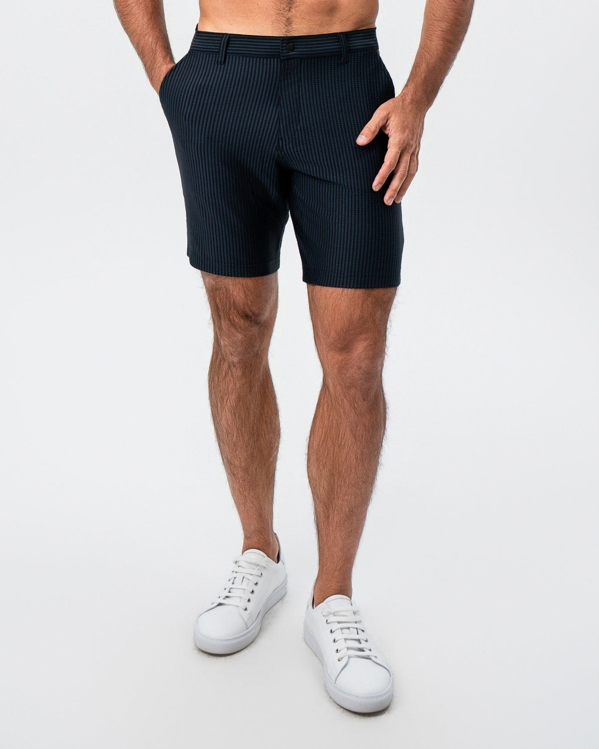 Athletic Fit Shorts - Navy & Black Seersucker | State & Liberty Bottoms