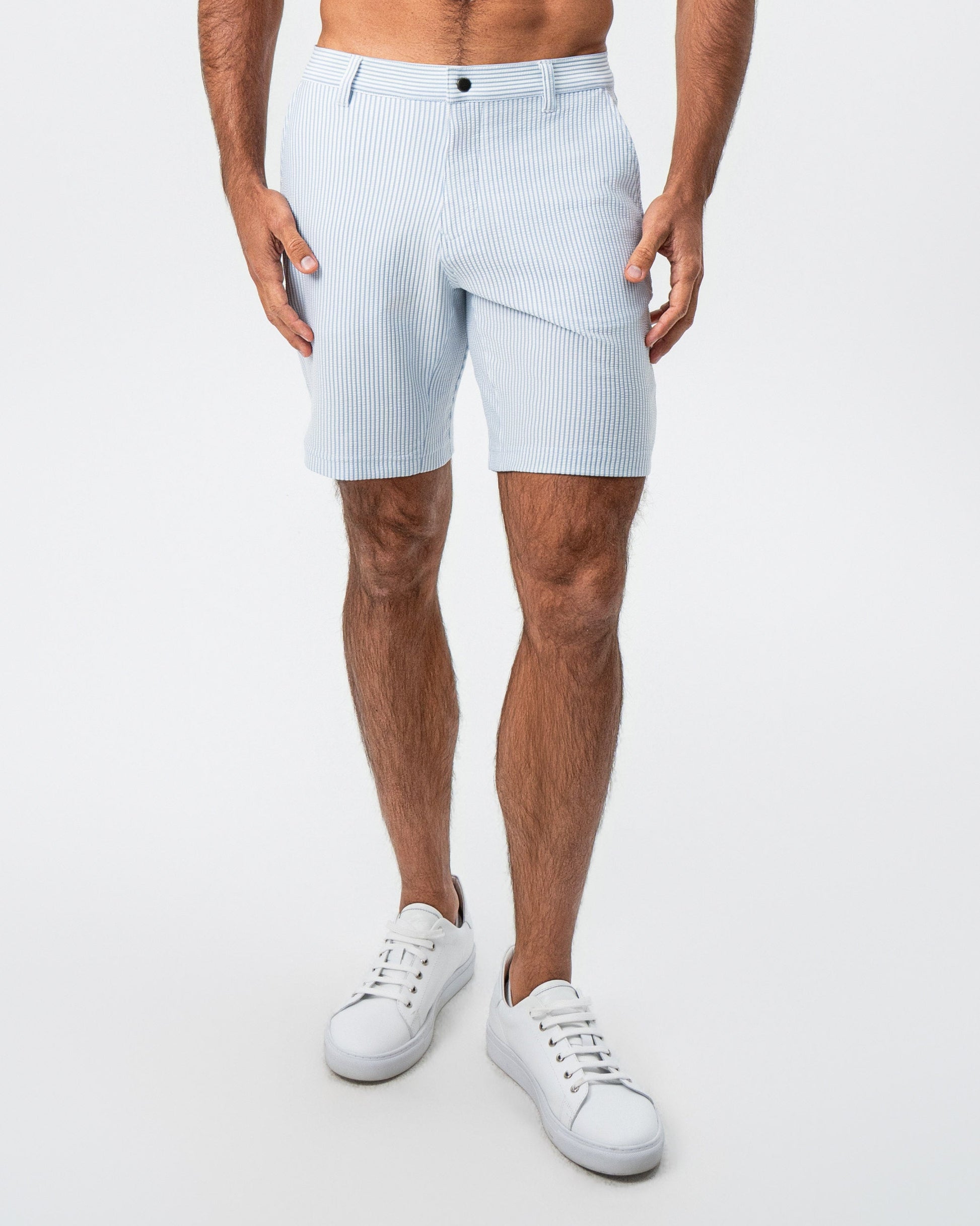 Athletic Fit Shorts - Light Blue & White Seersucker | State & Liberty Bottoms