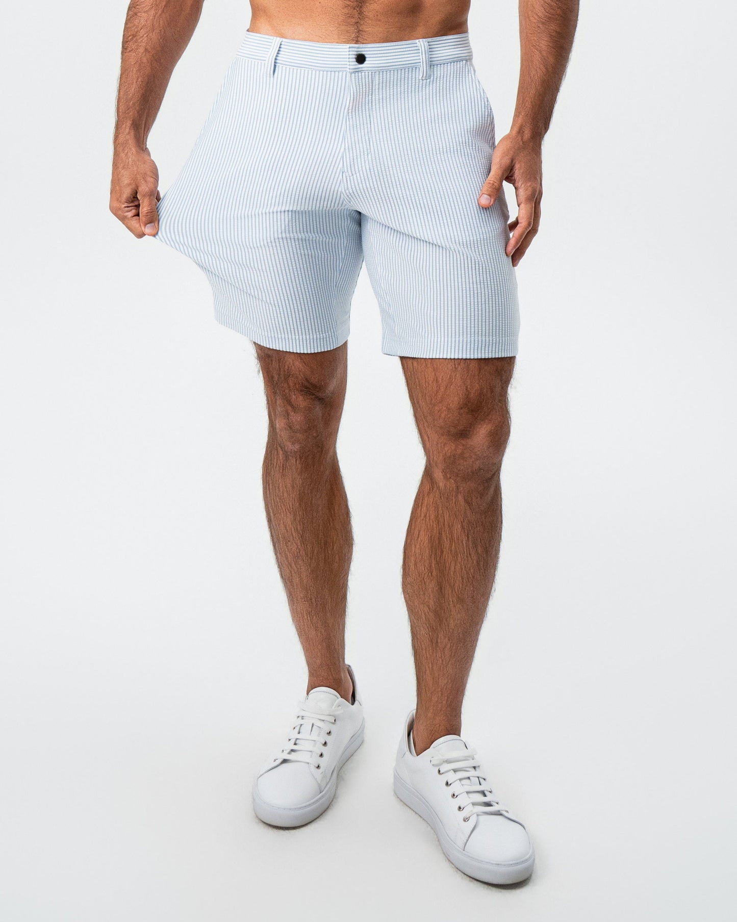 Athletic Fit Shorts - Light Blue & White Seersucker | State & Liberty Bottoms