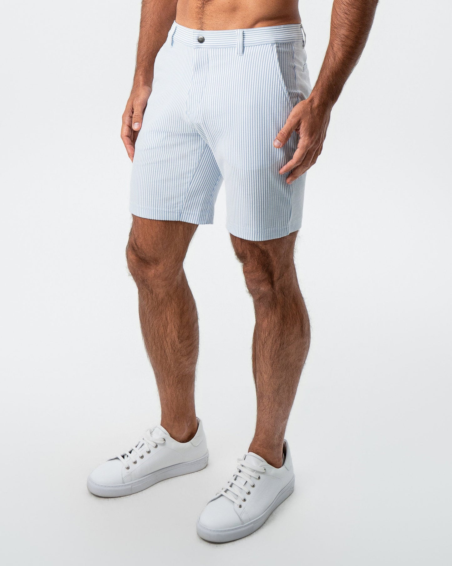 Athletic Fit Shorts - Light Blue & White Seersucker | State & Liberty Bottoms