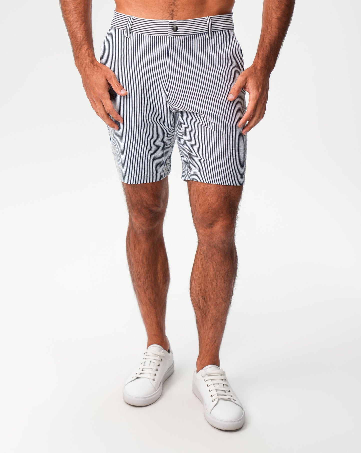 Athletic Fit Shorts - Navy & White Seersucker | State & Liberty Bottoms