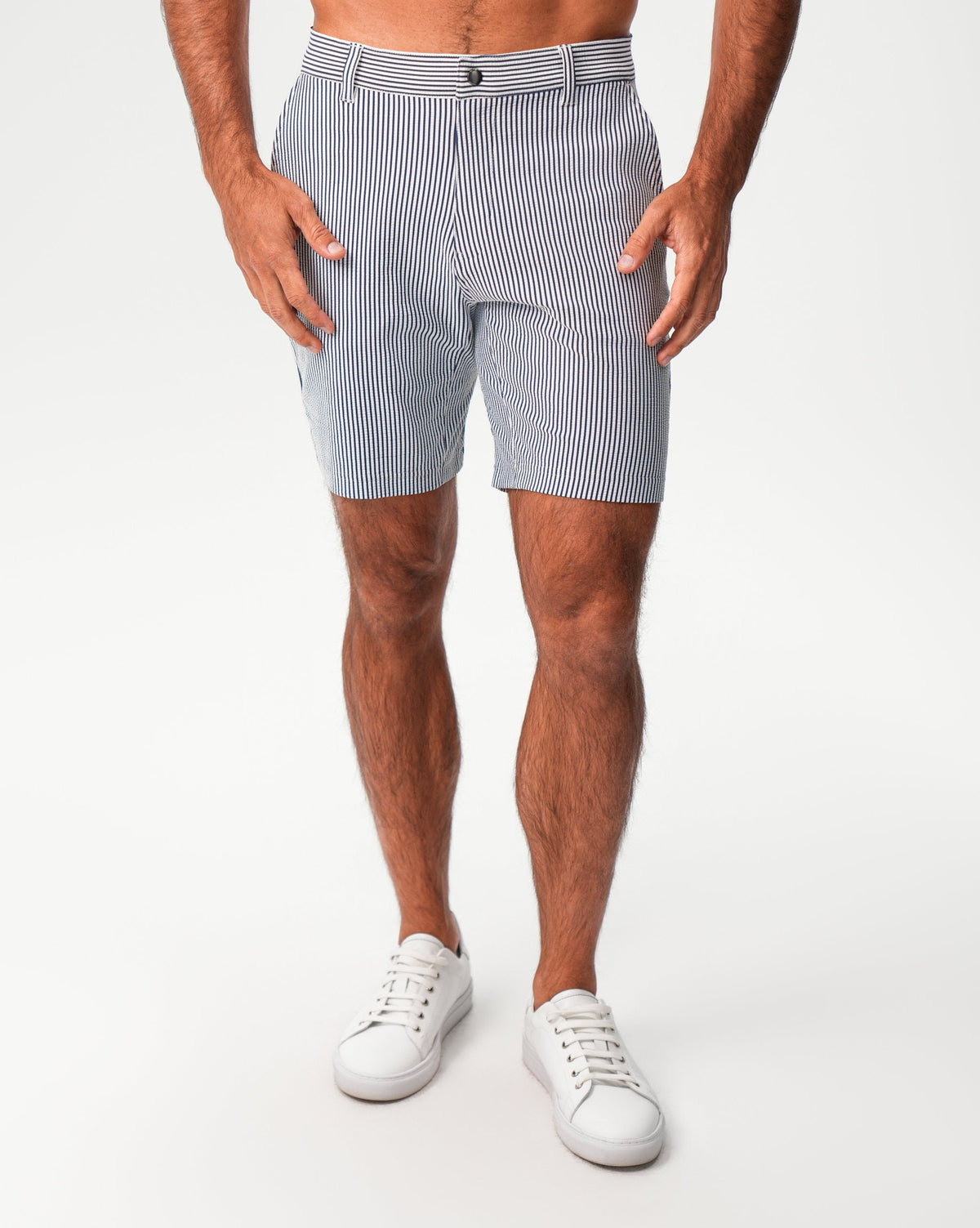 Athletic Fit Shorts - Navy & White Seersucker | State & Liberty Bottoms