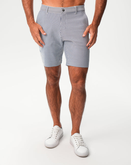 Athletic Fit Shorts - Navy & White Seersucker | State & Liberty Bottoms