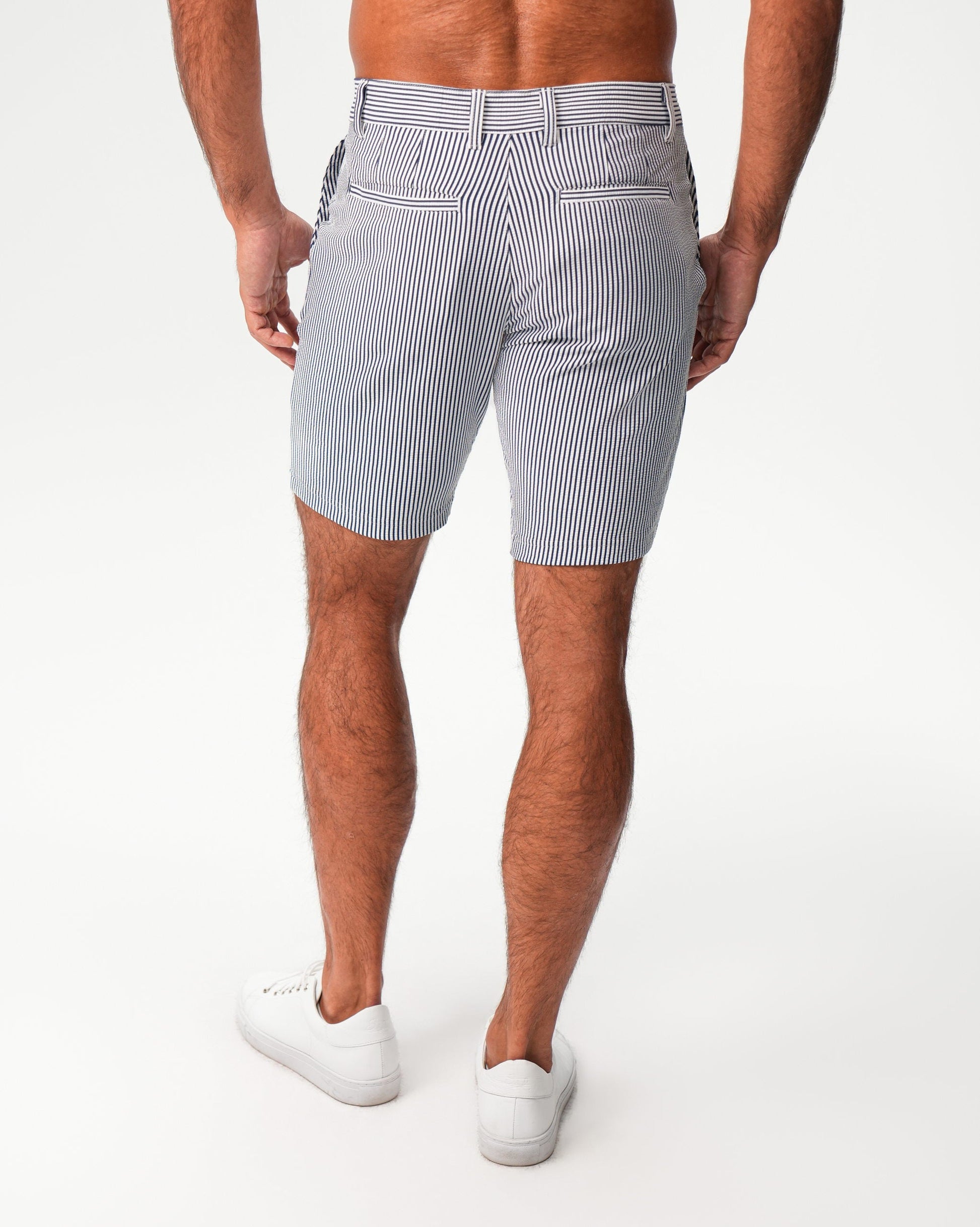 Athletic Fit Shorts - Navy & White Seersucker | State & Liberty Bottoms