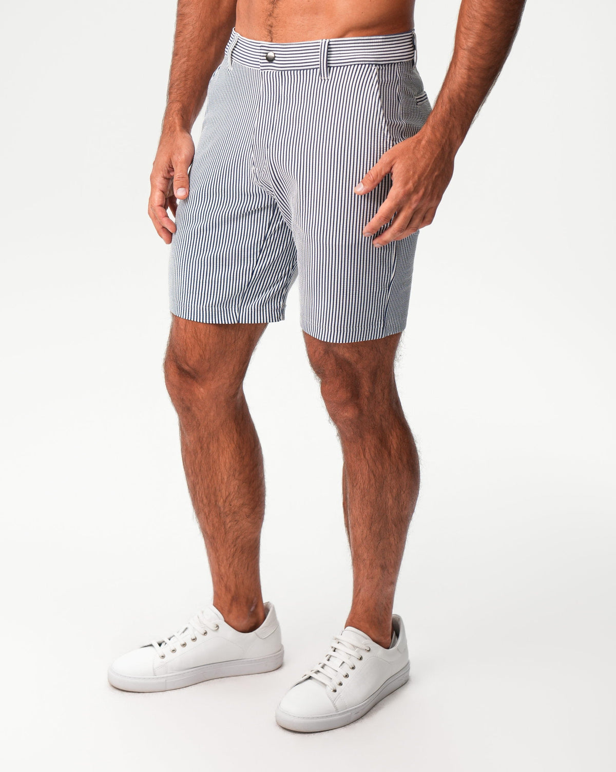 Athletic Fit Shorts - Navy & White Seersucker | State & Liberty Bottoms