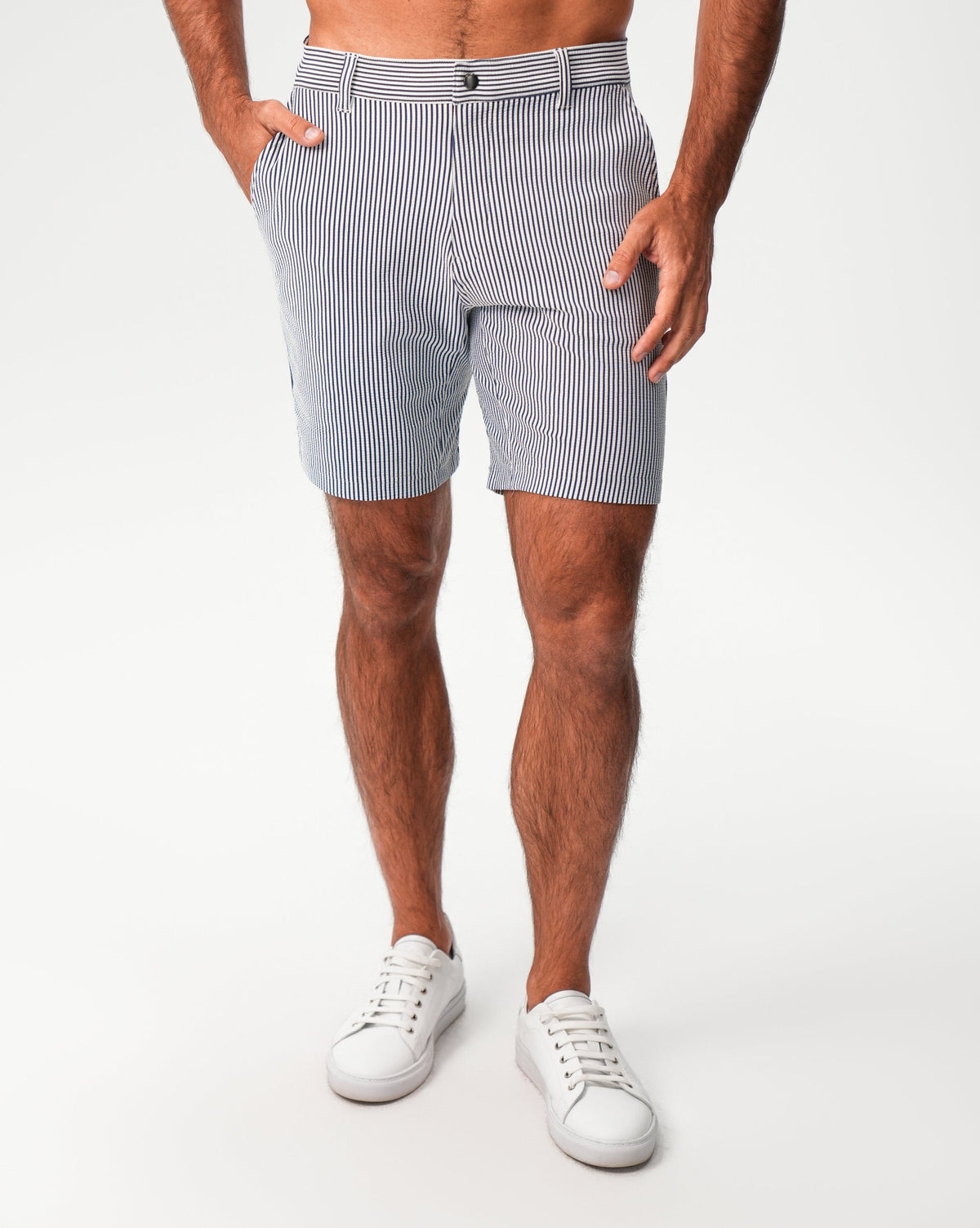Athletic Fit Shorts - Navy & White Seersucker | State & Liberty Bottoms