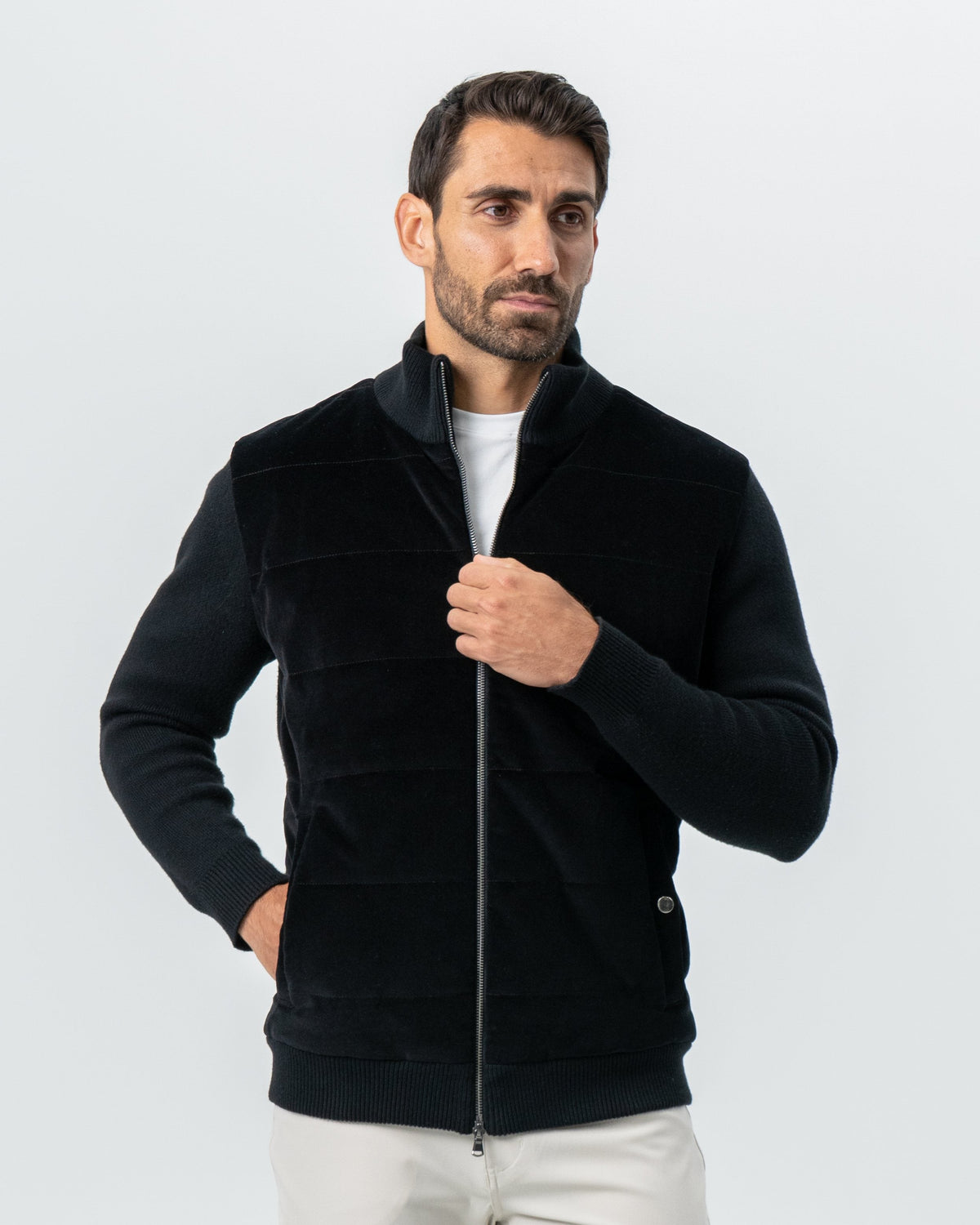 Corduroy Knit Zip Jacket - Black | State & Liberty Outerwear