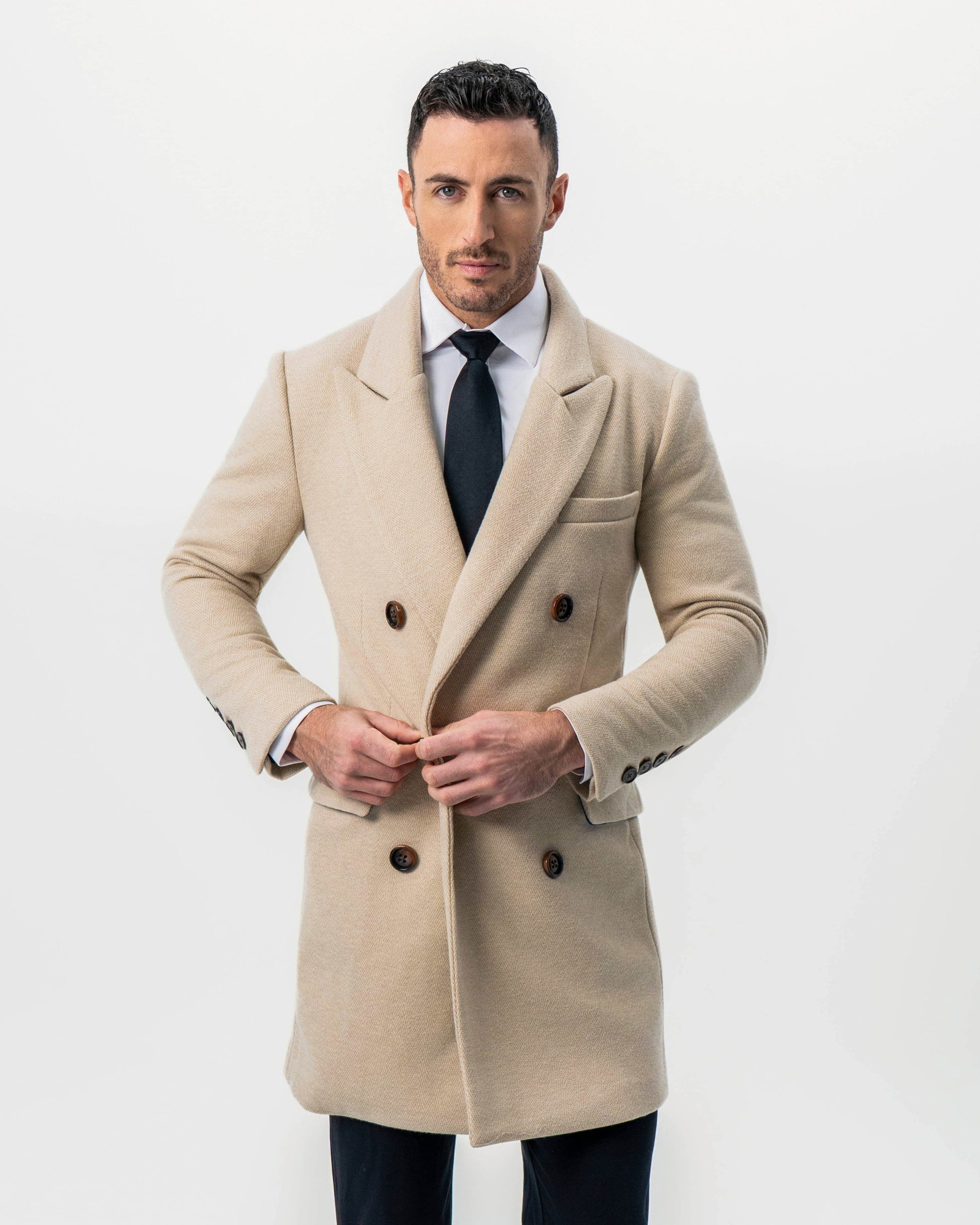 Double Breasted Overcoat - Tan Herringbone | State & Liberty Outerwear