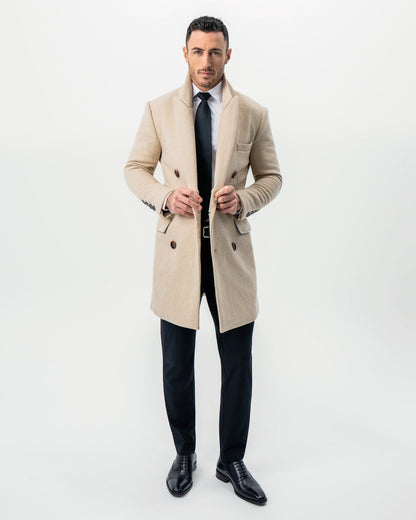 Double Breasted Overcoat - Tan Herringbone | State & Liberty Outerwear