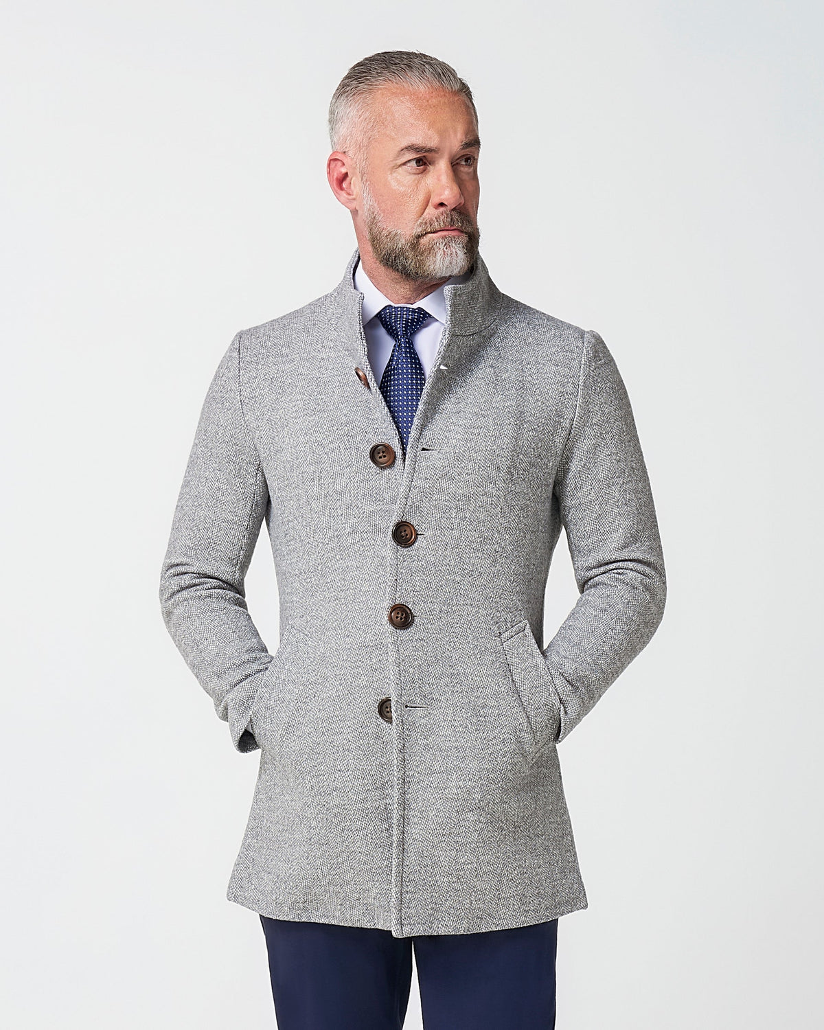 Open Button Overcoat - Grey Herringbone | State & Liberty Outerwear