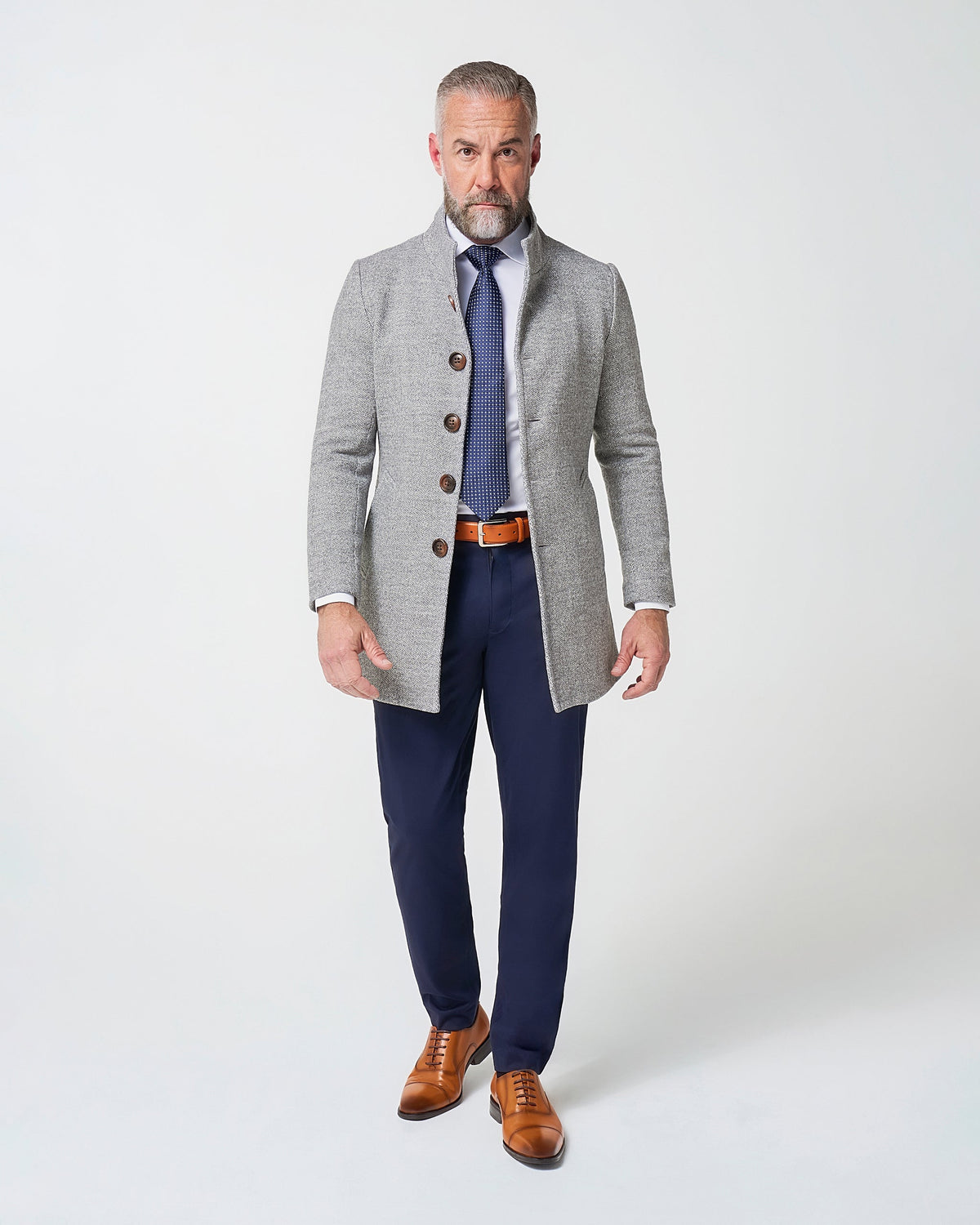 Open Button Overcoat - Grey Herringbone | State & Liberty Outerwear