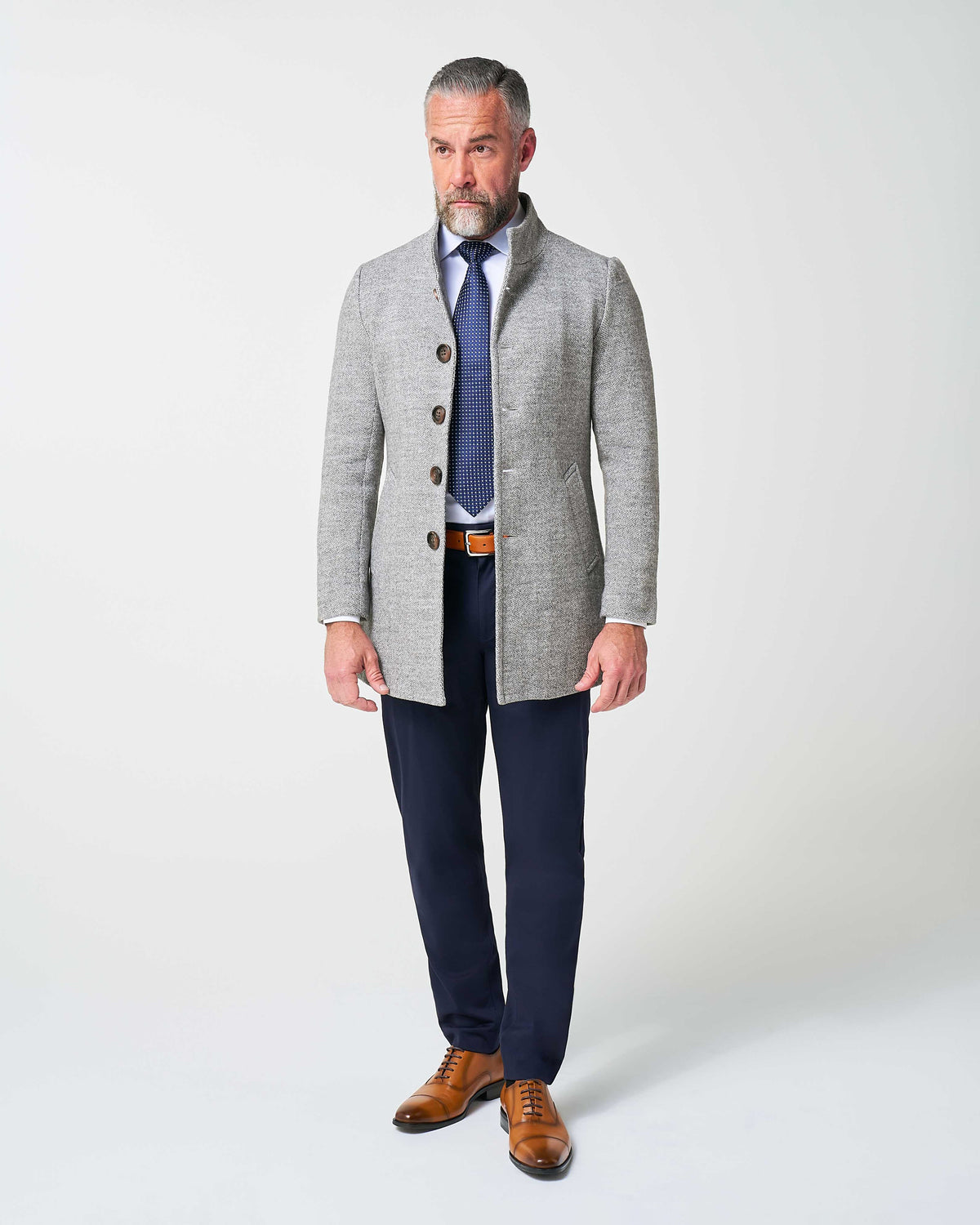 Open Button Overcoat - Grey Herringbone | State & Liberty Outerwear