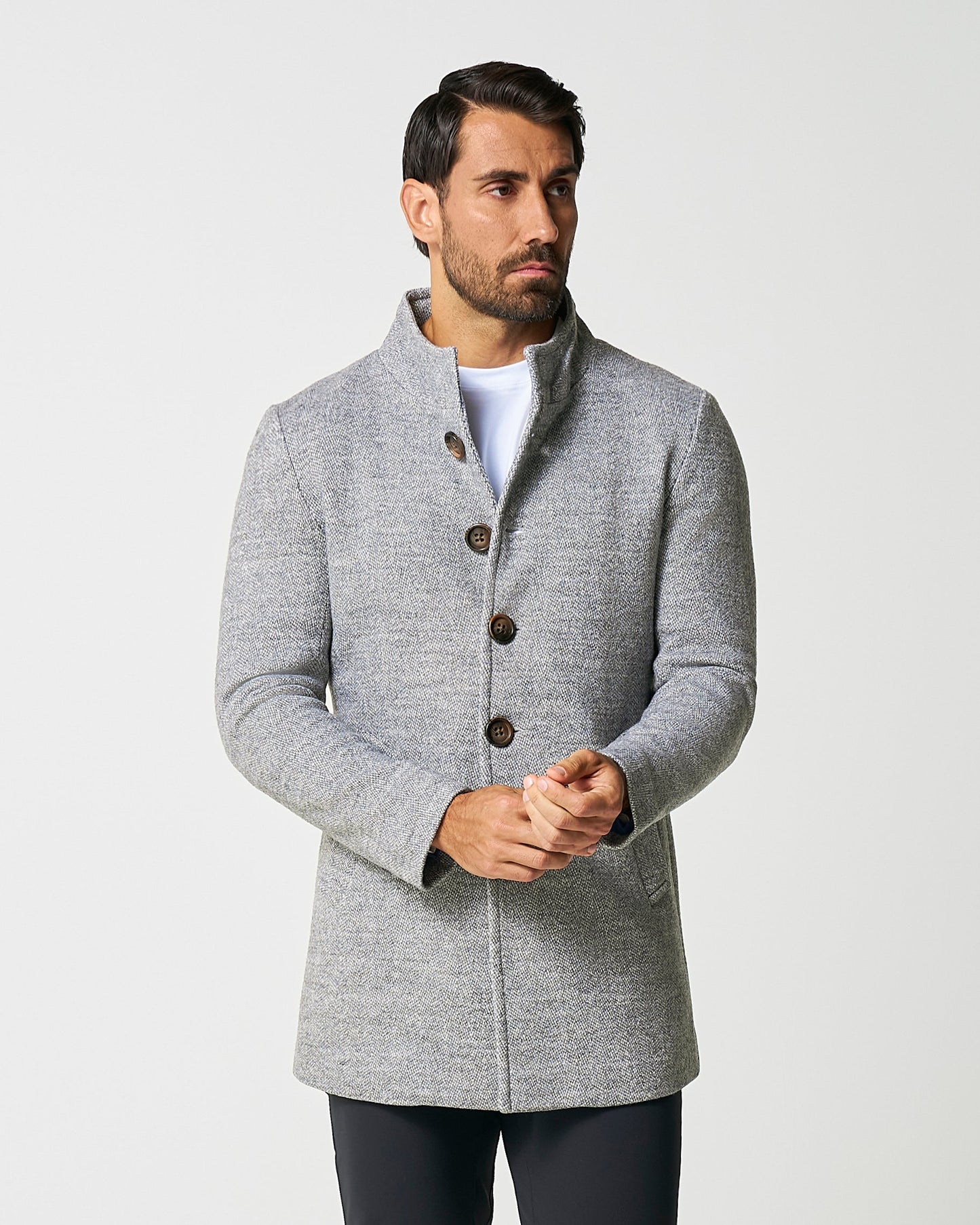 Open Button Overcoat - Grey Herringbone | State & Liberty Outerwear