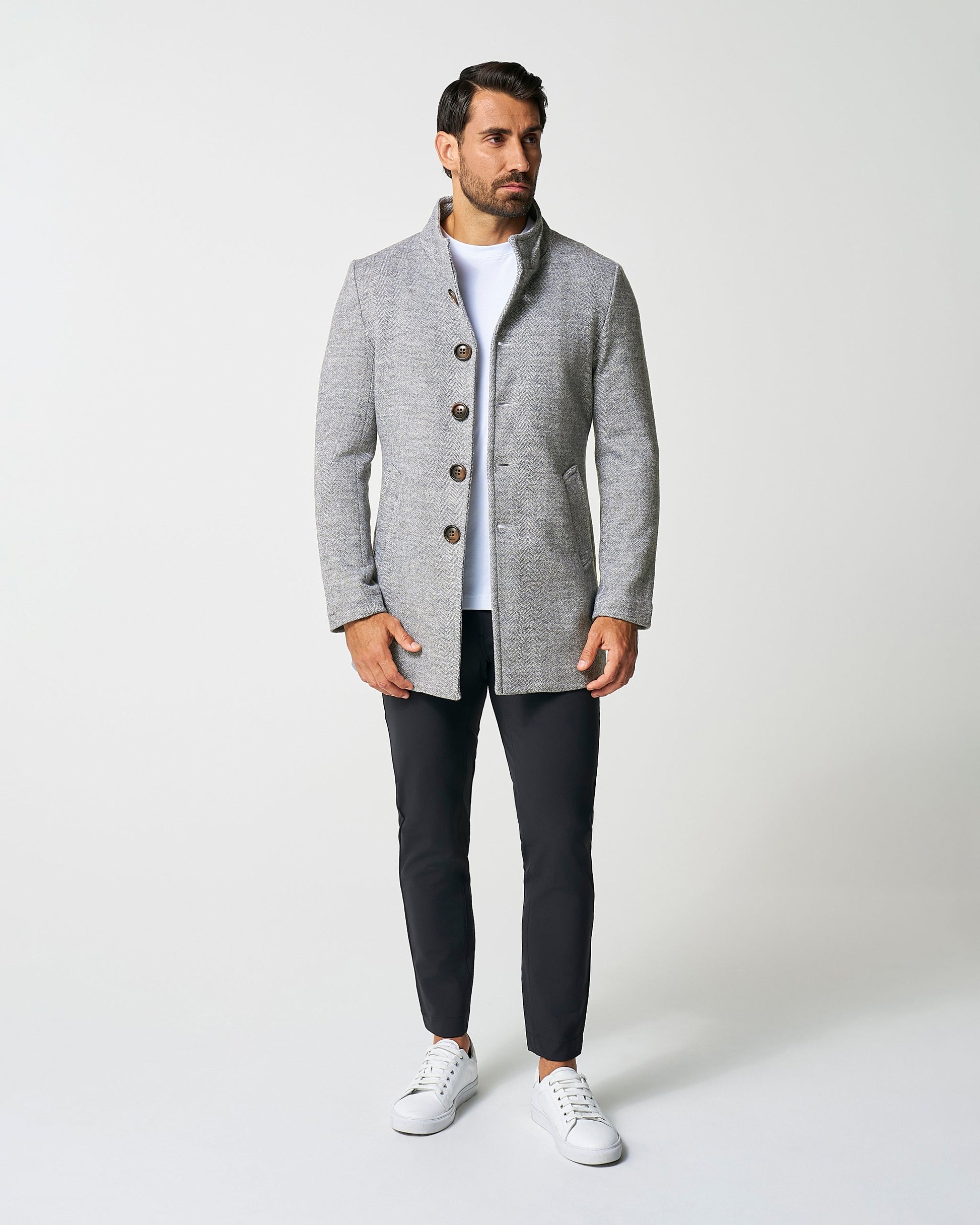 Open Button Overcoat - Grey Herringbone | State & Liberty Outerwear