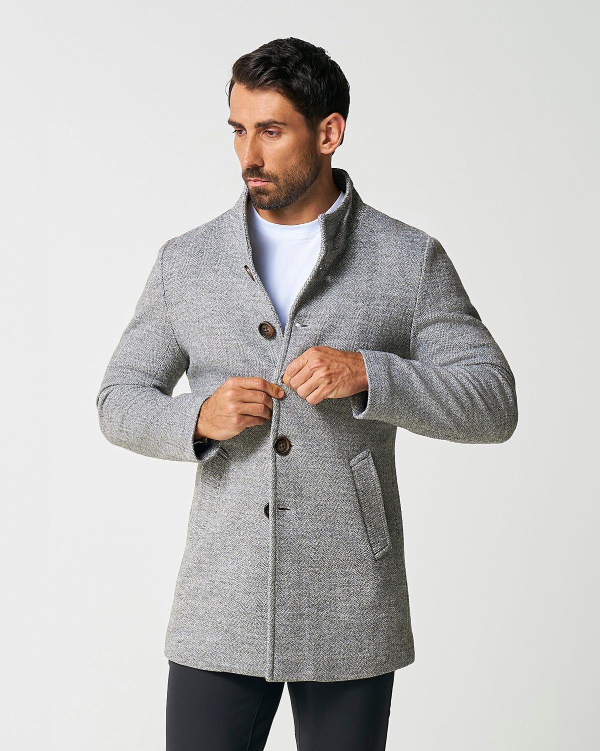 Open Button Overcoat - Grey Herringbone | State & Liberty Outerwear