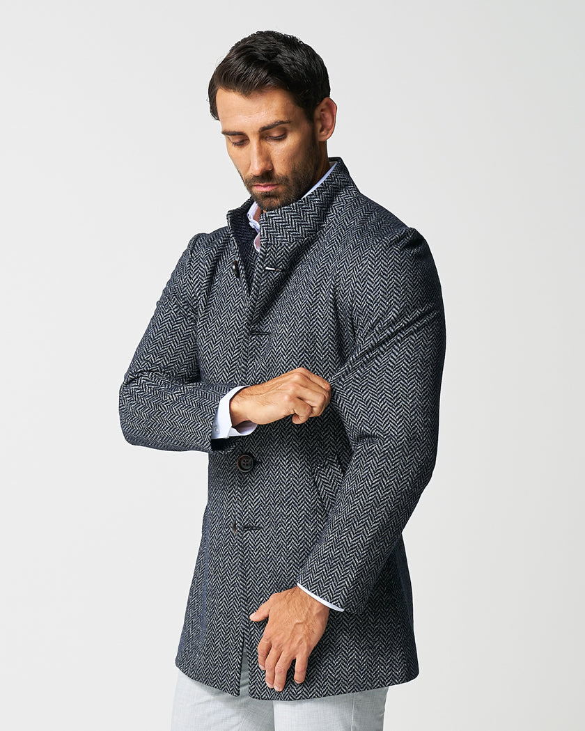 Open Button Overcoat - Navy & Grey Chevron | State & Liberty Outerwear