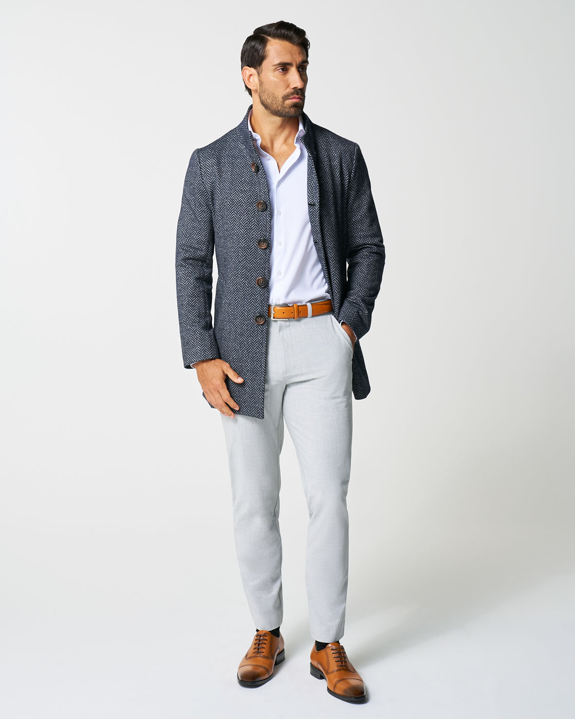 Open Button Overcoat - Navy & Grey Chevron | State & Liberty Outerwear