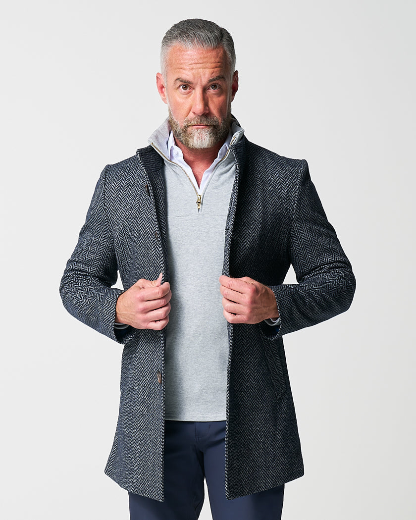 Open Button Overcoat - Navy & Grey Chevron | State & Liberty Outerwear