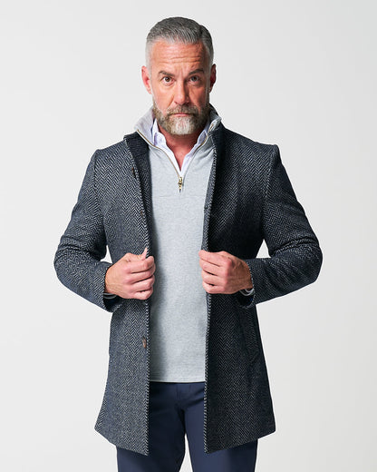 Open Button Overcoat - Navy & Grey Chevron | State & Liberty Outerwear