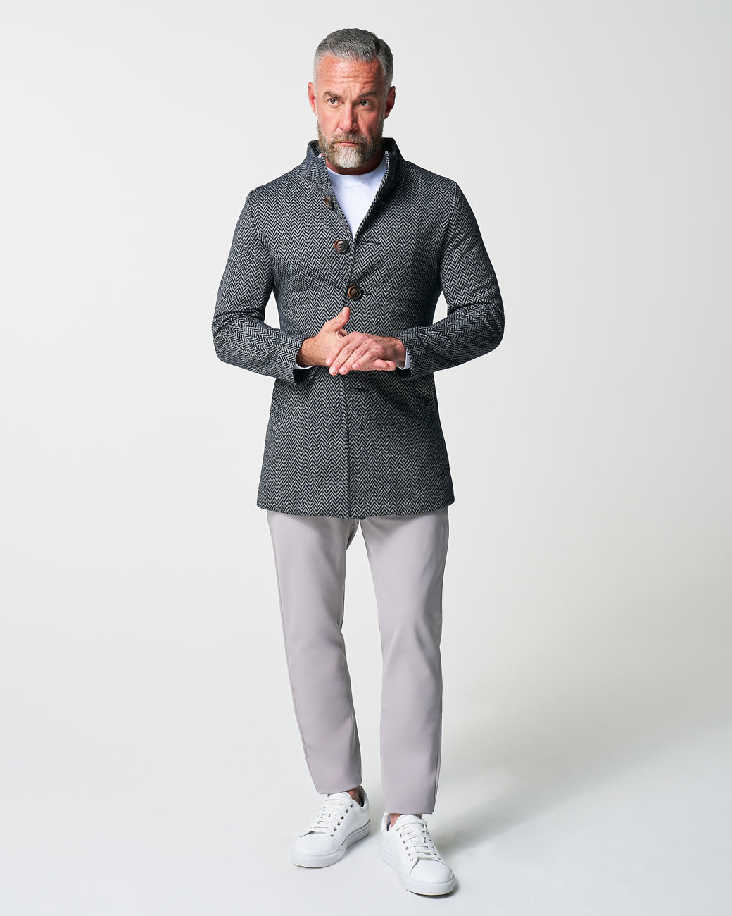 Open Button Overcoat - Navy & Grey Chevron | State & Liberty Outerwear
