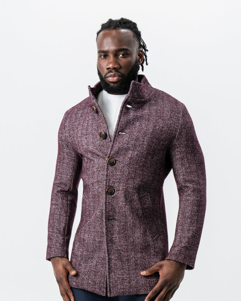 Maroon Herringbone Open Button Overcoat | State & Liberty Outerwear