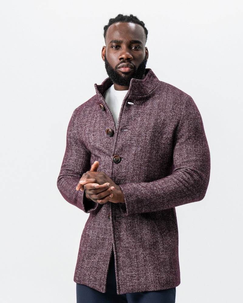Maroon Herringbone Open Button Overcoat | State & Liberty Outerwear