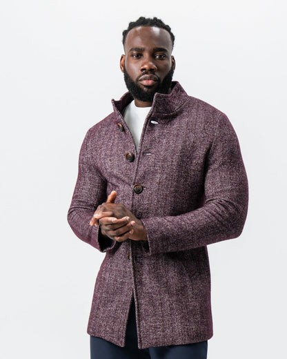 Maroon Herringbone Open Button Overcoat | State & Liberty Outerwear