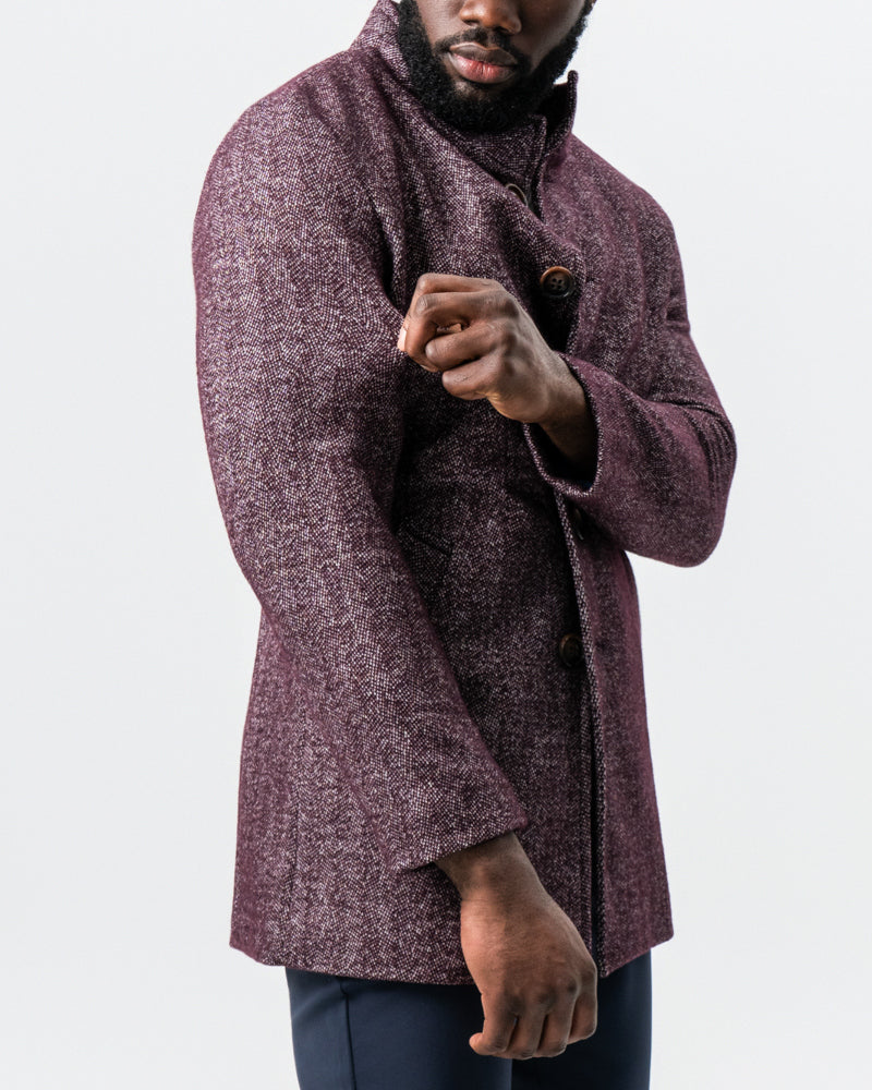 Maroon Herringbone Open Button Overcoat | State & Liberty Outerwear