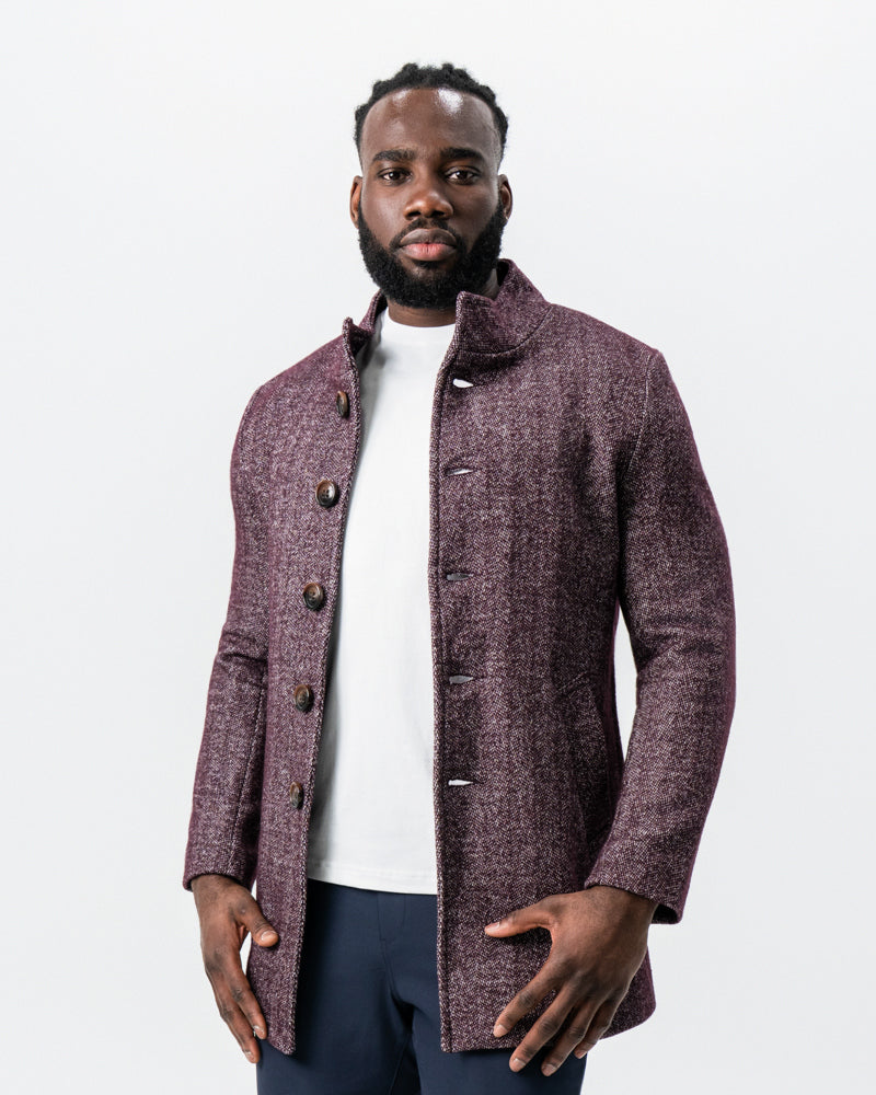 Maroon Herringbone Open Button Overcoat | State & Liberty Outerwear