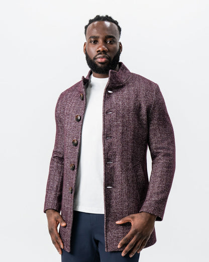 Maroon Herringbone Open Button Overcoat | State & Liberty Outerwear