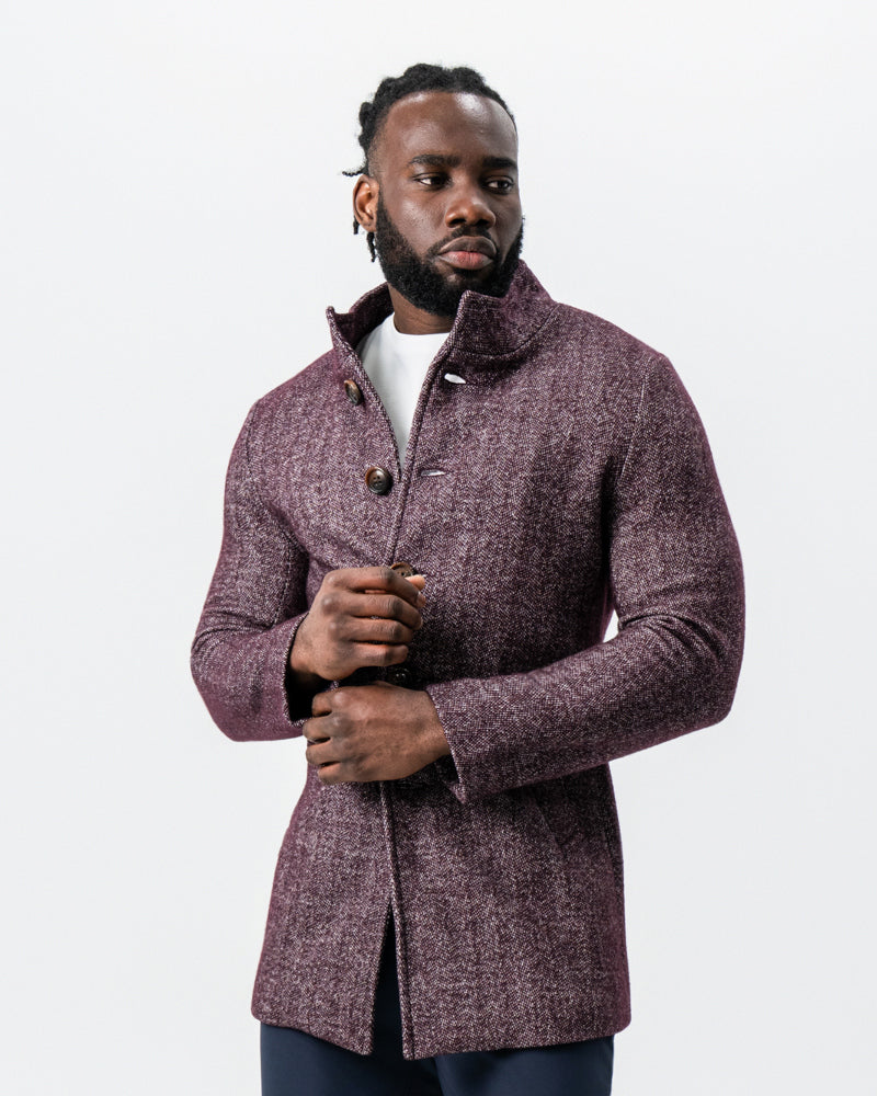 Maroon Herringbone Open Button Overcoat | State & Liberty Outerwear