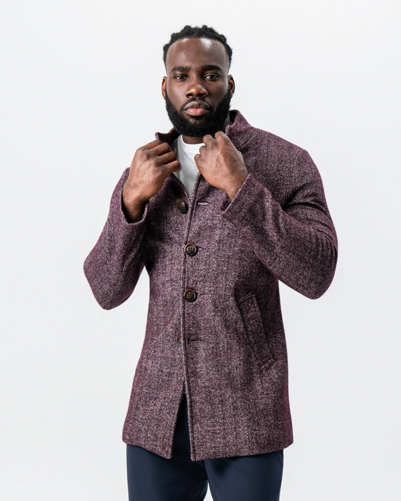 Maroon Herringbone Open Button Overcoat | State & Liberty Outerwear