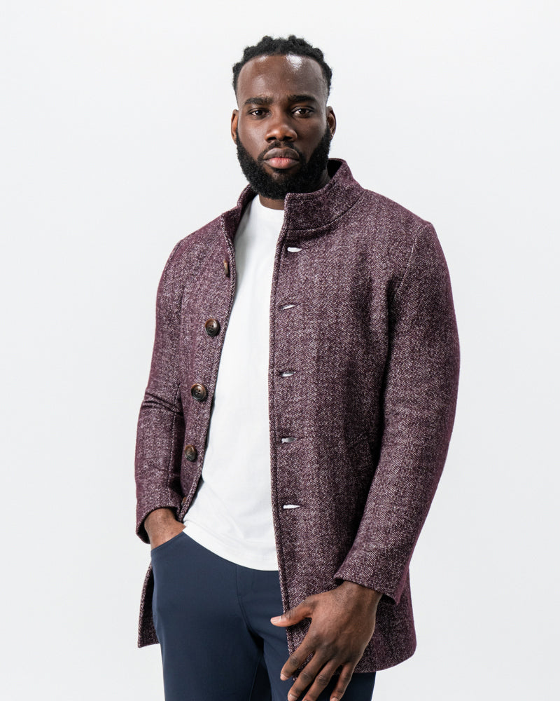 Maroon Herringbone Open Button Overcoat | State & Liberty Outerwear