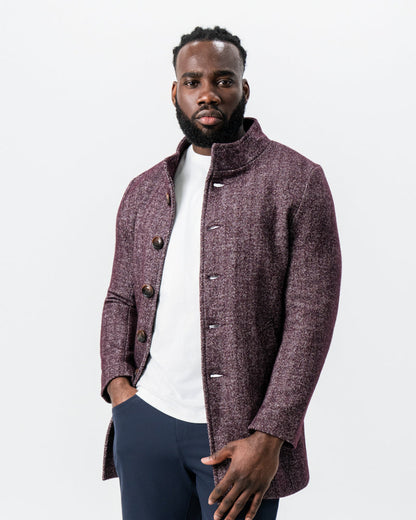 Maroon Herringbone Open Button Overcoat | State & Liberty Outerwear