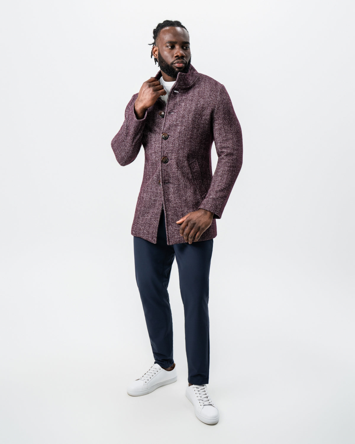 Maroon Herringbone Open Button Overcoat | State & Liberty Outerwear