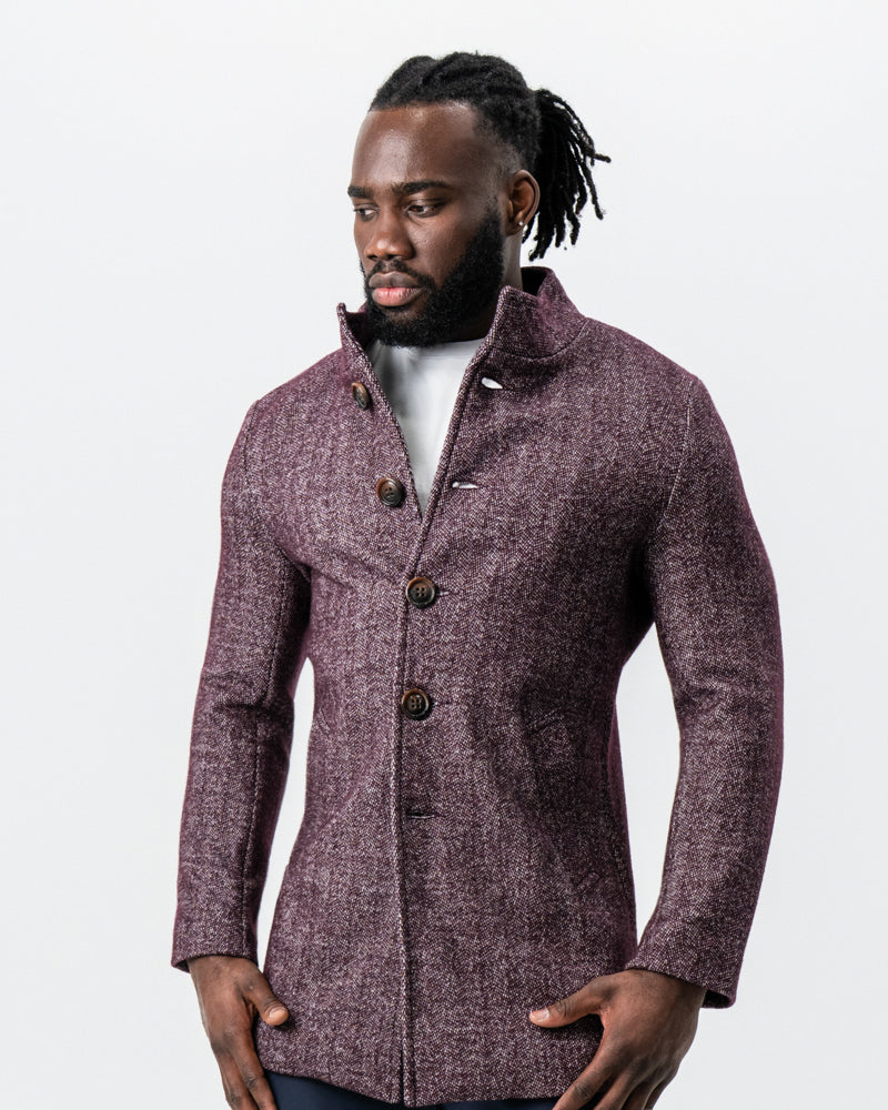 Maroon Herringbone Open Button Overcoat | State & Liberty Outerwear
