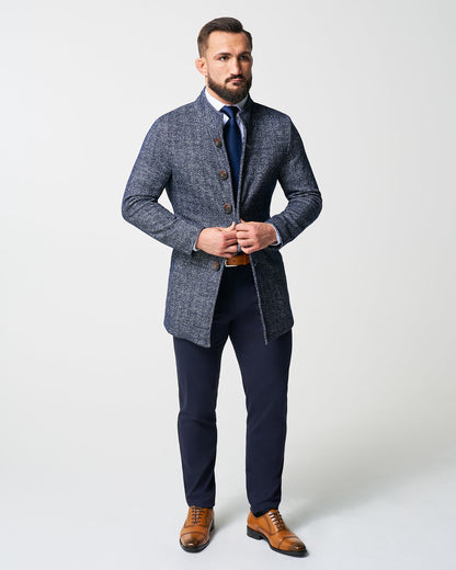 Open Button Overcoat - Navy Herringbone | State & Liberty Outerwear