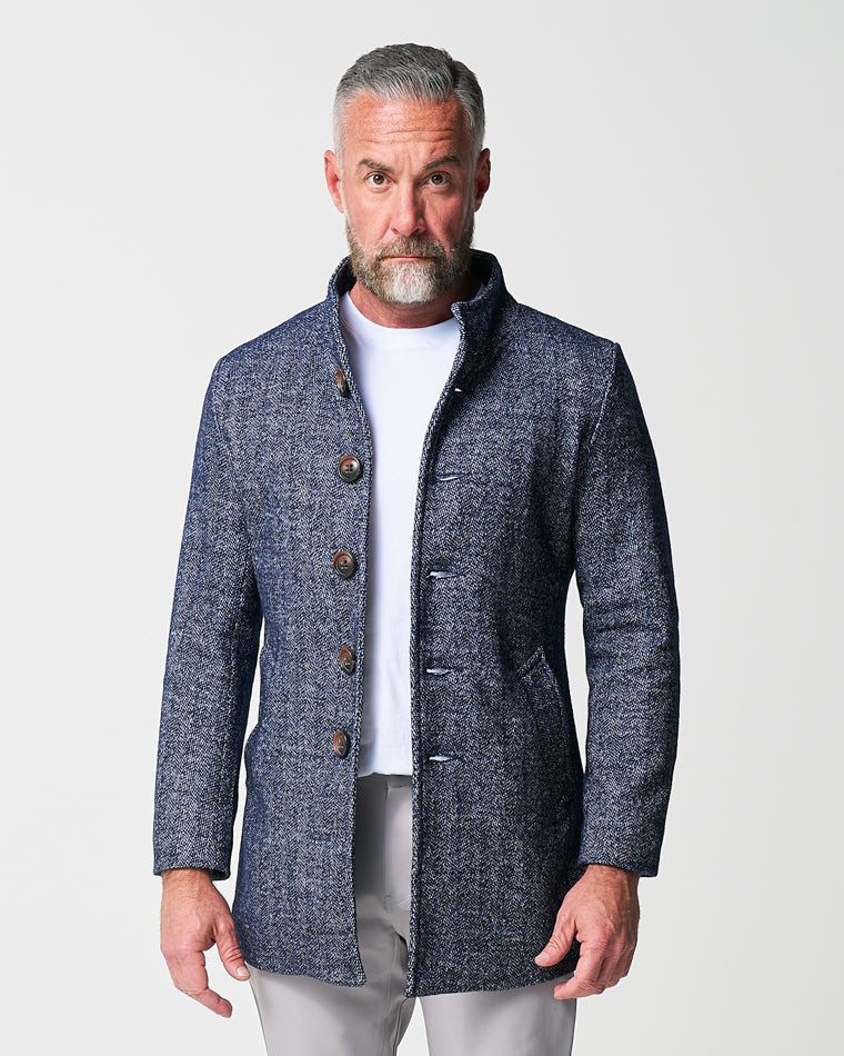 Open Button Overcoat - Navy Herringbone | State & Liberty Outerwear