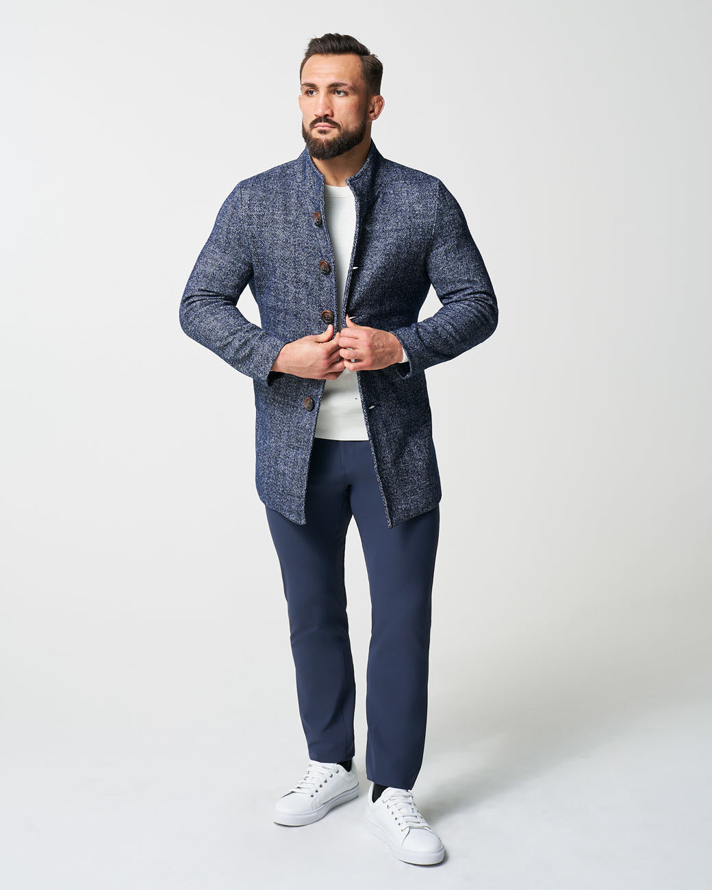 Open Button Overcoat - Navy Herringbone | State & Liberty Outerwear